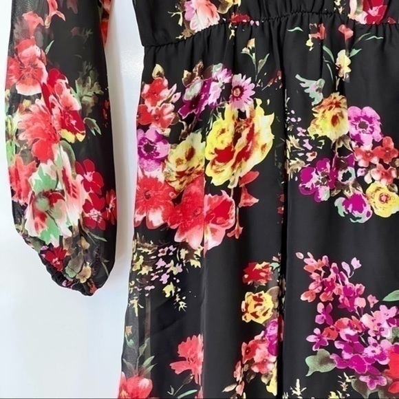 NEW Fraiche By J Dress Black Multi Floral Sheer Long Sleeve Women’s Dress Size M - Picture 6 of 11